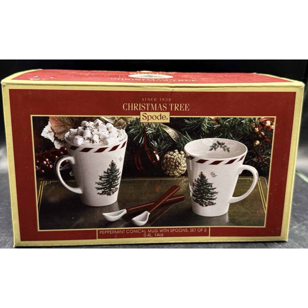 Spode Peppermint Striped Handle Christmas Tree Mugs W/spoons Red White Set of 2